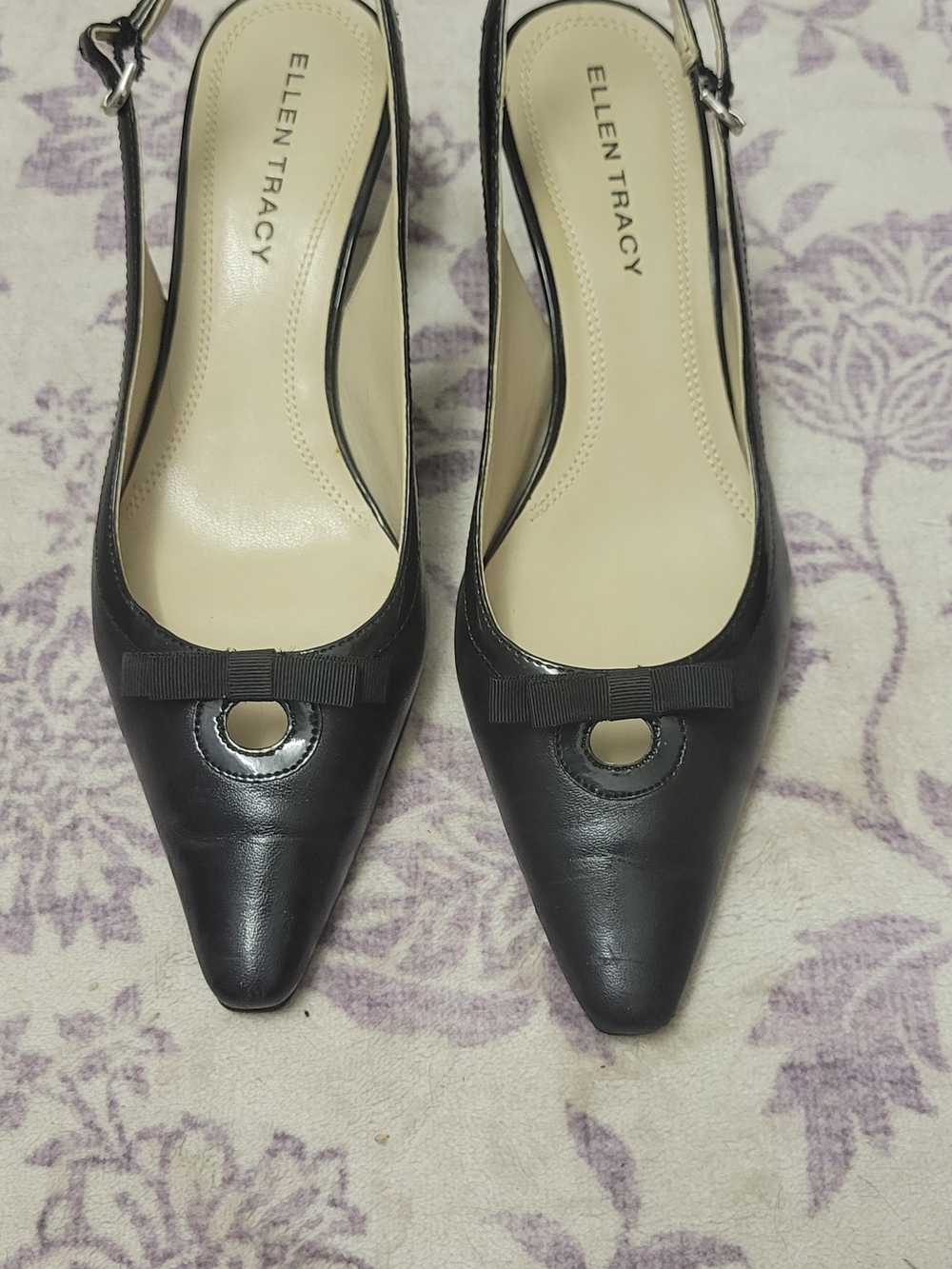 Ellen Tracy Black Pointed-Toe Slingback Pumps with Bow Detail